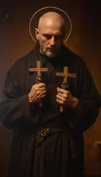 a religious man holding cross and two keys