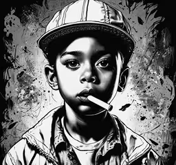 a boy with a hat and cigarette sticks,a painting of a boy smoking a cigarette