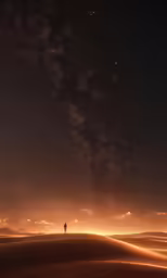 man standing in the middle of the desert under stars