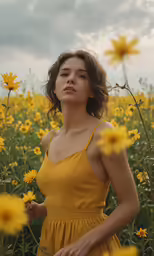 a woman standing in the middle of a sunflower field