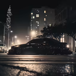 a black car driving down a city street in the rain