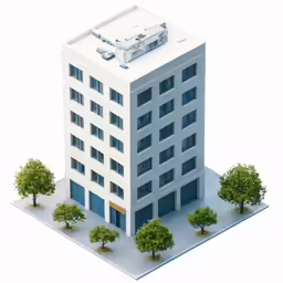 a 3d model of a white building with green trees
