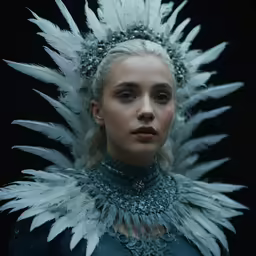 a woman wearing a crown made out of white feathers