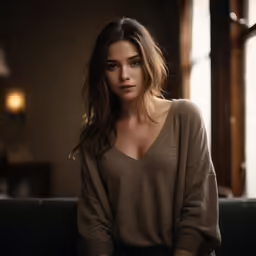 a woman with a sweater sitting on top of a couch