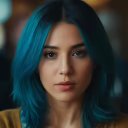 a woman with blue hair, wearing a brown shirt