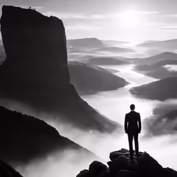 a man standing on top of a mountain near clouds