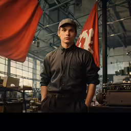a man standing in front of an orange flag