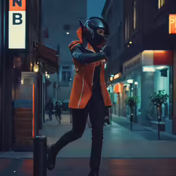 a person in a helmet walking on the street