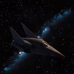 a jet is flying through the sky with stars all around