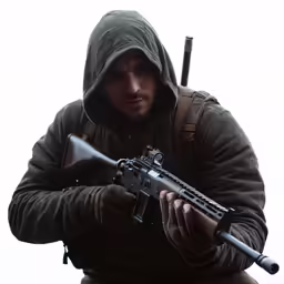 a man sitting down with his rifle