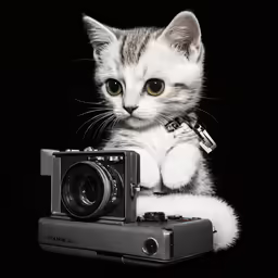 an adorable kitten holding an electronic camera and posing for a photo