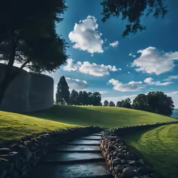 an interesting view of water and grass near a wall