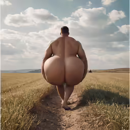 a huge man walking down a path in a field