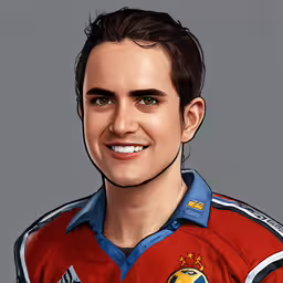 the soccer player in red and blue shirt,digital portrait of a soccer player smiling