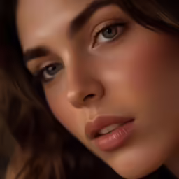 a woman with long dark hair and large blue eyes