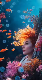 the lady is wearing red hair, and standing under a tree