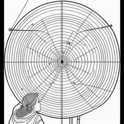 a woman looking at an object from the side,the woman is looking through the large circular diagram,a black and white photo of a woman standing in front of a giant spinning object,the drawing shows how the fans can be used as a table fan,a person that is looking at something in the air
