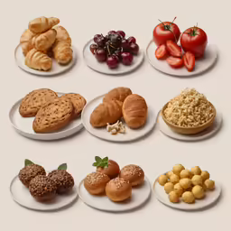 a few white plates topped with different types of food