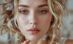 a young woman with large eyelashes and long wavy hair