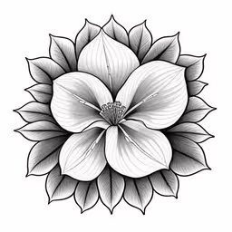 a drawing of a large white flower with large leaves,a flower on a white background
