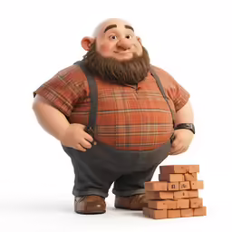 a man with a beard and suspenders is standing behind a small pile of bricks