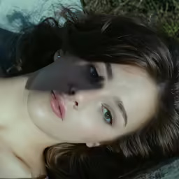 a young woman in an outdoor shot looking up at the camera