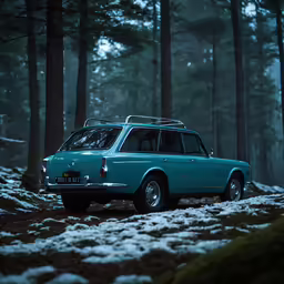 the car is parked in the middle of the forest