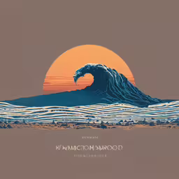 a poster that has the sun in the background,the wave, as seen from behind of a boat