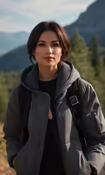 a female in a black top is wearing a gray jacket