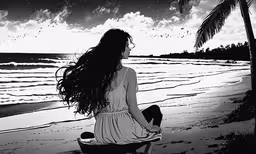 a woman sitting on a bench at the beach,a girl sits alone on the beach in front of the sunset