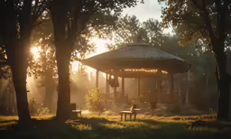 an empty wooden gazebo near a bench and trees