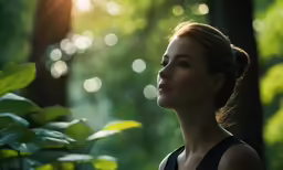 woman with closed eyes in green forest at daytime