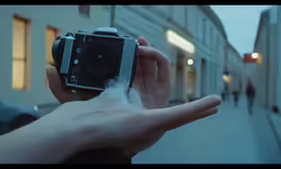 someone holding a digital camera next to a street