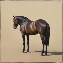 the horse is standing alone in a white room
