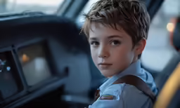 there is a boy in the airplane seat