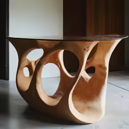a wooden table made of clay that resembles an oval object