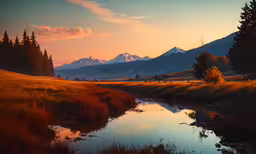 a stream in an area of tall grass,some trees are in the mountains by a river