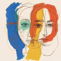 two face shapes in colorful ink and with one being drawn on white paper