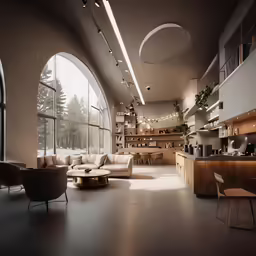 an open floor plan has big windows with circular glass