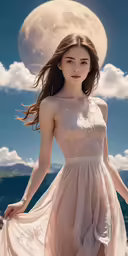 a young girl standing on top of a rock in a dress