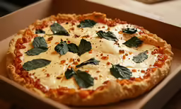 the box is open showing an uncut pizza with leaves
