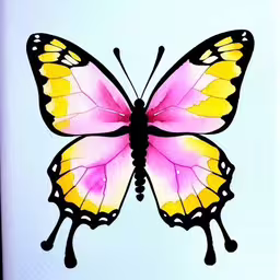 a pink and yellow butterfly sitting on top of a white piece of paper,colorful butterfly flying in the sky on top of a paper,a yellow and pink butterfly on white paper,the watercolor picture of a butterfly is shown,a large pink and yellow butterfly flying in the air