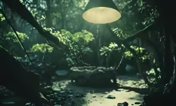 a small lamp on a tree next to rocks and plants