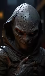 a guy in costume on a street with a dark look on his face