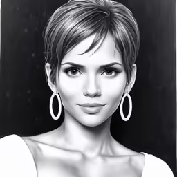 a woman wearing large hoop earrings with short hair