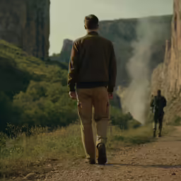 a man is walking down the path towards two mountains