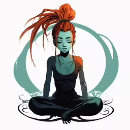 a woman with long hair sitting on the ground with a yoga pose