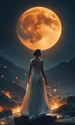 a woman in a long white dress is standing by the water at night, looking over to the side at a giant moon