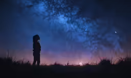 the silhouette of a woman in the field during the night