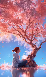 the woman is sitting under a tree with petals in it